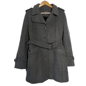 Cole Haan Coat Womens 10 Gray Wool Trench Classic Belted Winter Business Office